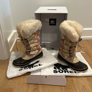 Sorel Joan Arctic Reserve Champaign Vail Boots Sheepskin Cowhide 9 Swarovski